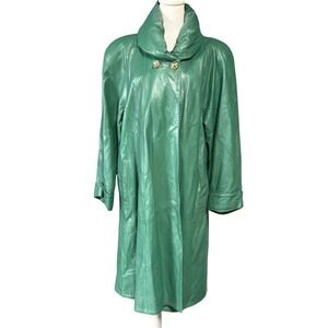 Image Leather Coat Womens Small Green Funnel Collar Long‎ 3/4 Sleeve Overcoat
